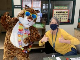 Cool Cat mascot and librarian