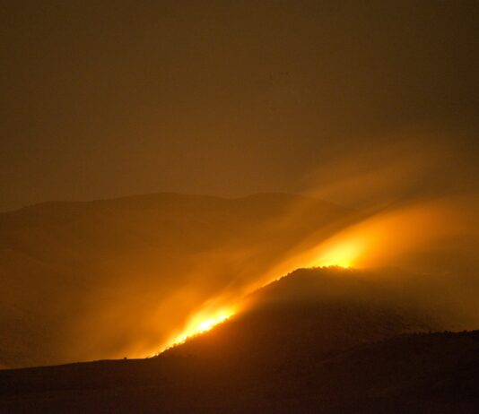 wildfire burns at night