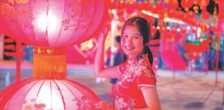 Smiling Asian woman with the red lantern for Chinese new year