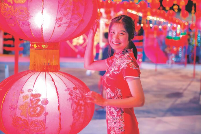Smiling Asian woman with the red lantern for Chinese new year
