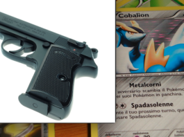 handgun and pokemon cards composite