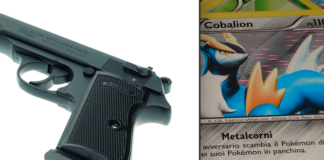 handgun and pokemon cards composite