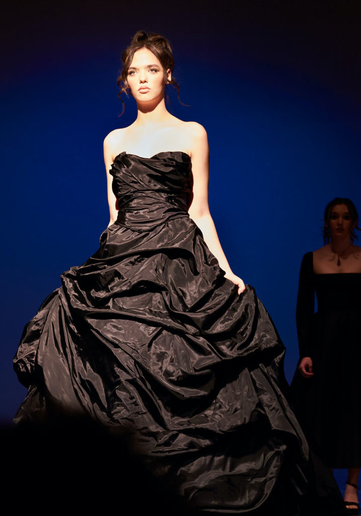 Black strapless taffeta gown worn by Violet