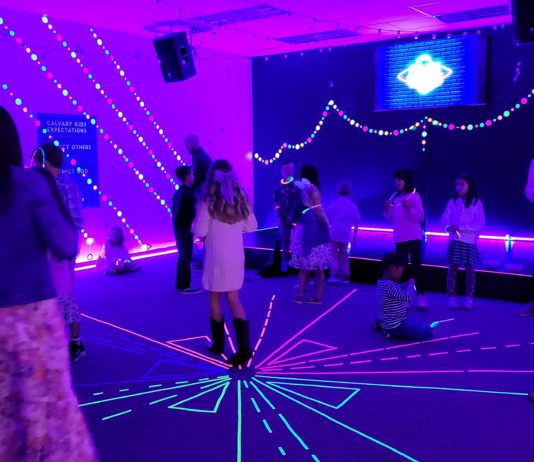 Calvary Church in neon