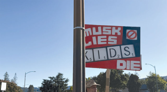 Sign that says "When Musk Lies Kids Die"