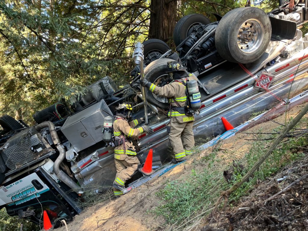 overturned tanker on the hillside