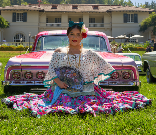woman in pink dress on lawn in front of a car