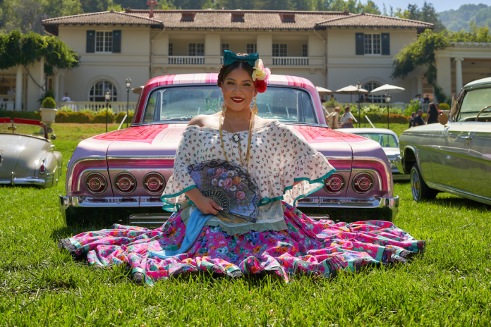 Pink dress1 woman in pink dress on lawn in front of a car