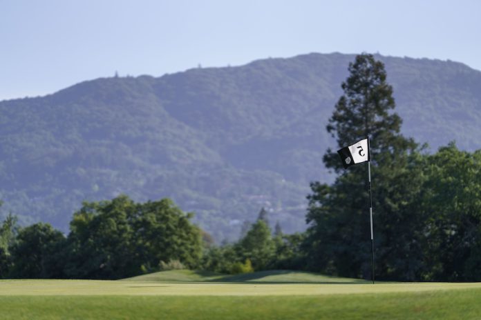 5 green flag, with mountains in background