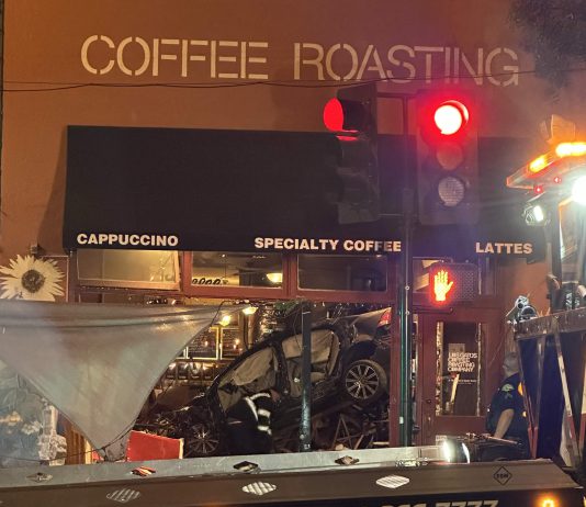 car crash at Los Gatos Coffee Roasting Co.