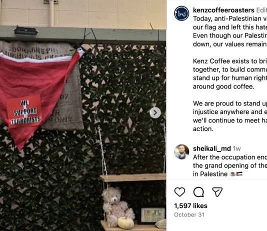 Flag destroyed at Palestinian-owed coffee shop, message accuses roaster of supporting terrorists; church windows riddled with bullets (Police Blotter, Nov. 2-8) Palestinian flag graffiti in Los Gatos