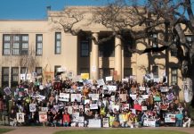 anti-ICE protesters at Los Gatos High on the front steps