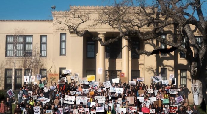 anti-ICE protesters at Los Gatos High on the front steps