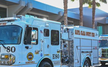 stock image of firetruck in the sunshine