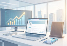 Clean digital illustration of an office desk with a monitor showing an upward growth chart, a laptop displaying a social media profile dashboard, and a smartphone nearby, symbolizing online growth and account performance.