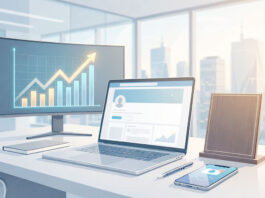 Clean digital illustration of an office desk with a monitor showing an upward growth chart, a laptop displaying a social media profile dashboard, and a smartphone nearby, symbolizing online growth and account performance.