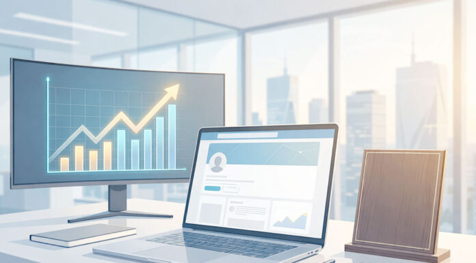 Clean digital illustration of an office desk with a monitor showing an upward growth chart, a laptop displaying a social media profile dashboard, and a smartphone nearby, symbolizing online growth and account performance.