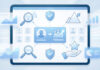 Blue-toned digital illustration of a tablet screen showing follower growth, user profile icons, shields, magnifying glasses, charts, and a star, representing social media growth and account credibility.