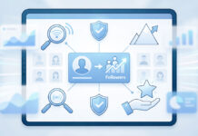 Blue-toned digital illustration of a tablet screen showing follower growth, user profile icons, shields, magnifying glasses, charts, and a star, representing social media growth and account credibility.