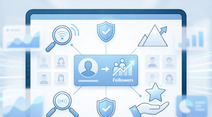 Blue-toned digital illustration of a tablet screen showing follower growth, user profile icons, shields, magnifying glasses, charts, and a star, representing social media growth and account credibility.