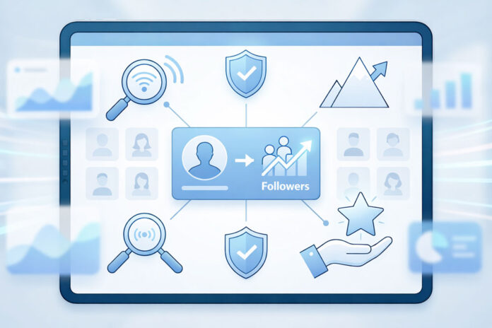 Blue-toned digital illustration of a tablet screen showing follower growth, user profile icons, shields, magnifying glasses, charts, and a star, representing social media growth and account credibility.