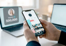 Close-up of someone holding a smartphone displaying a social media profile with follower statistics and engagement metrics, with two open laptops blurred in the background.