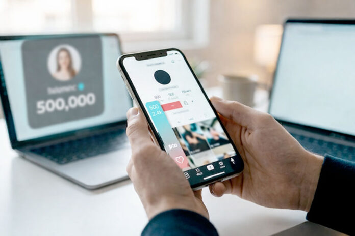 Close-up of someone holding a smartphone displaying a social media profile with follower statistics and engagement metrics, with two open laptops blurred in the background.