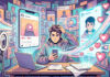 Colorful digital illustration of a content creator at a desk looking at a phone while social media screens surround them, representing rising engagement and online growth.