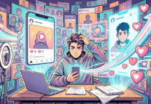 Colorful digital illustration of a content creator at a desk looking at a phone while social media screens surround them, representing rising engagement and online growth.