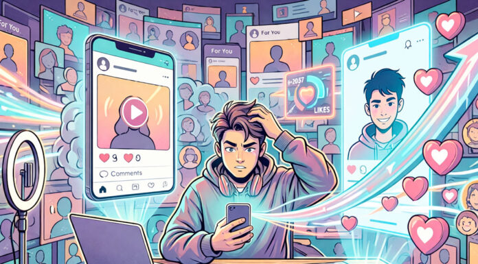 Colorful digital illustration of a content creator at a desk looking at a phone while social media screens surround them, representing rising engagement and online growth.