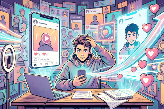 Colorful digital illustration of a content creator at a desk looking at a phone while social media screens surround them, representing rising engagement and online growth.