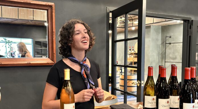 woman behind the counter with wine