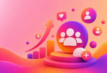 7 Best Sites to Buy Instagram Followers in 2026 Vibrant 3D scene with a central audience symbol, floating user icons, a rising arrow, and bar-chart graphics in pink, orange, and purple.