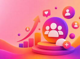 Vibrant 3D scene with a central audience symbol, floating user icons, a rising arrow, and bar-chart graphics in pink, orange, and purple.