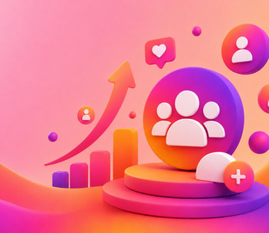 7 Best Sites to Buy Instagram Followers in 2026 Vibrant 3D scene with a central audience symbol, floating user icons, a rising arrow, and bar-chart graphics in pink, orange, and purple.