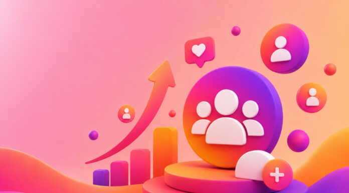 Vibrant 3D scene with a central audience symbol, floating user icons, a rising arrow, and bar-chart graphics in pink, orange, and purple.