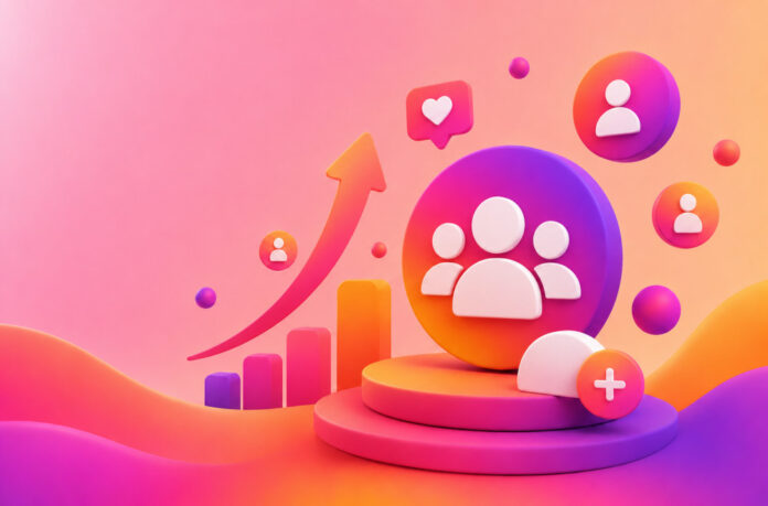 Vibrant 3D scene with a central audience symbol, floating user icons, a rising arrow, and bar-chart graphics in pink, orange, and purple.