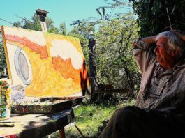 Rudy Rucker in his outdoor studio