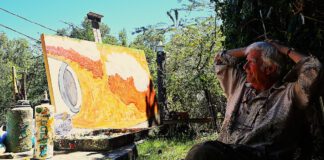 Rudy Rucker in his outdoor studio