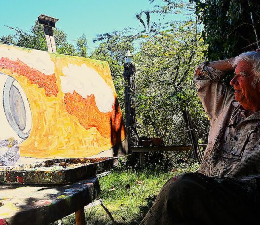 Rudy Rucker in his outdoor studio