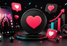 Glossy 3D illustration featuring a large pink heart, a smartphone showing a concert crowd, floating heart icons, an upward growth chart and a camera lens against a dark neon-lit background.