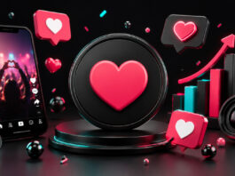 Glossy 3D illustration featuring a large pink heart, a smartphone showing a concert crowd, floating heart icons, an upward growth chart and a camera lens against a dark neon-lit background.