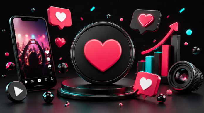 8 Best Sites to Buy TikTok Likes in 2026 Glossy 3D illustration featuring a large pink heart, a smartphone showing a concert crowd, floating heart icons, an upward growth chart and a camera lens against a dark neon-lit background.