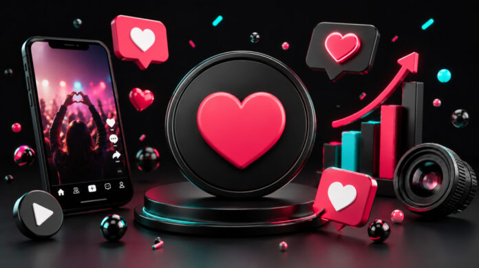 Best sites to buy TikTok likes Glossy 3D illustration featuring a large pink heart, a smartphone showing a concert crowd, floating heart icons, an upward growth chart and a camera lens against a dark neon-lit background.