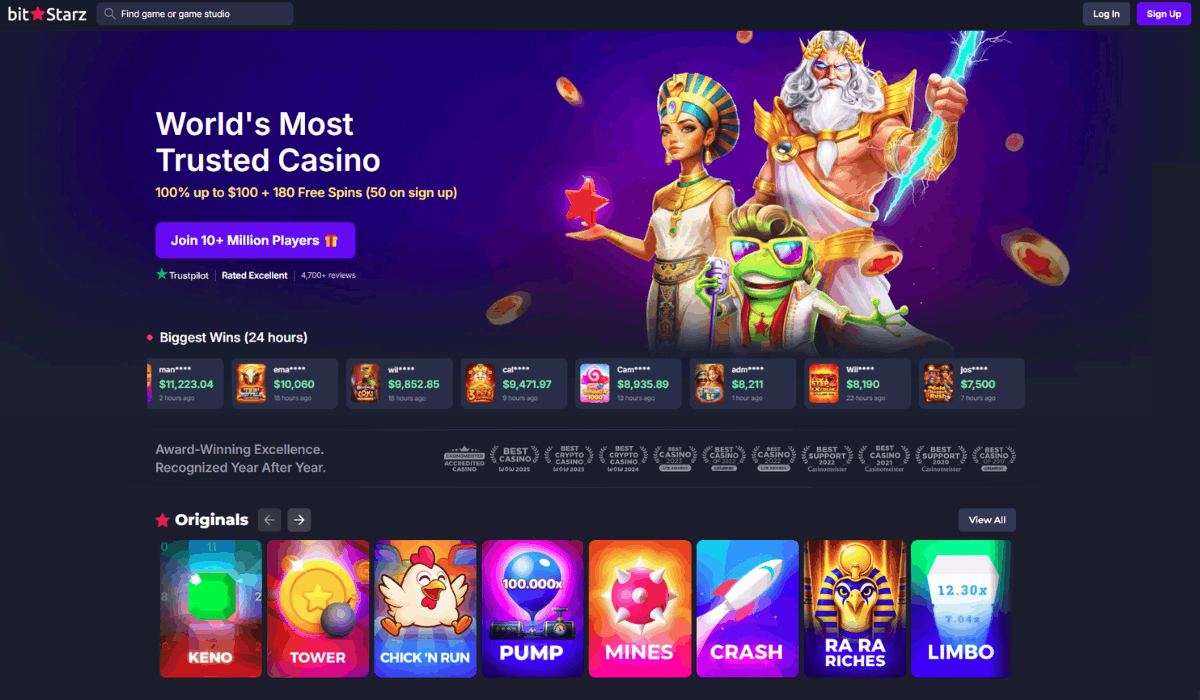 BitStarz casino homepage with a 100% bonus offer and Originals games