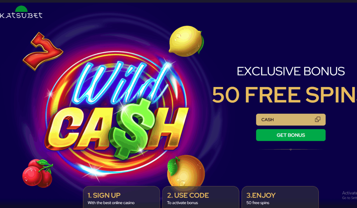 KatsuBet casino promotion offering 50 free spins with a Wild Cash bonus code