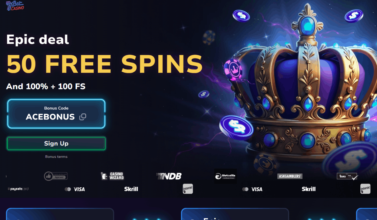 7Bit Casino promotion for 50 free spins and a 100% plus 100 free spins bonus