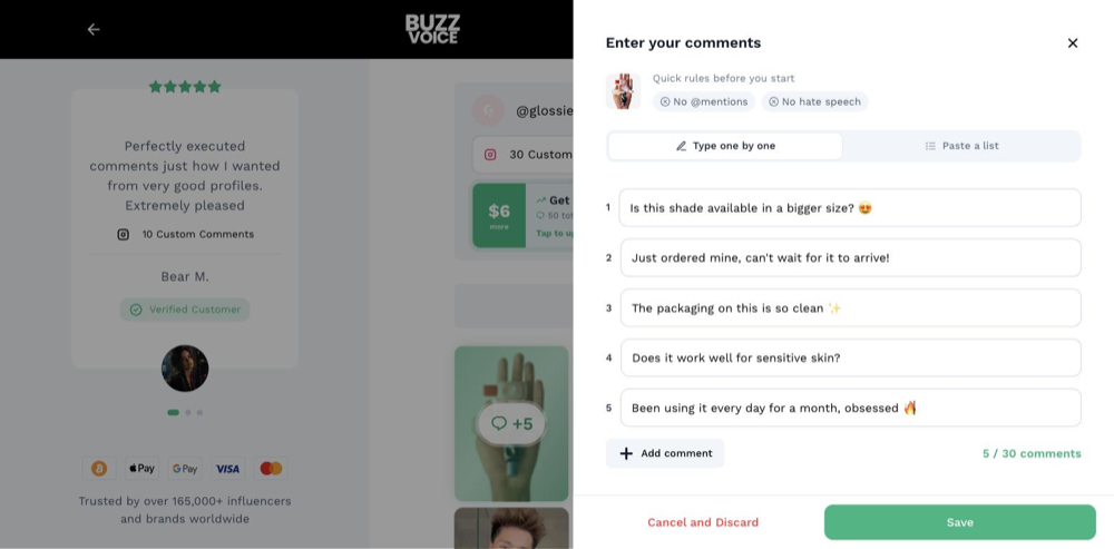 BuzzVoice custom comments order form with five comments written for a product post